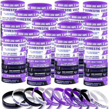 Imagem de Simgoing 200 pulseiras de silicone para conscientização da violência doméstica, pulseiras de conscientização de fita roxa a granel, pulseira de borracha motivacional para homens e mulheres eventos de