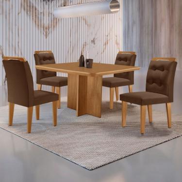 Imagem de Mesa Olimpia 90 Mdf Canto Copo E Com 4 Cadeiras Carol Veludo Marrom Naturalle