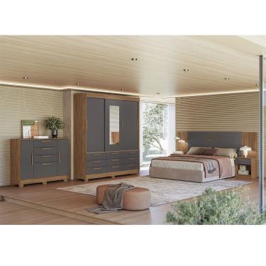 Imagem de Quarto Guarda Roupa 3 Portas Com Espelho Cômoda E Cabeceira Dante Estilo Mm Jatoba Grafitte