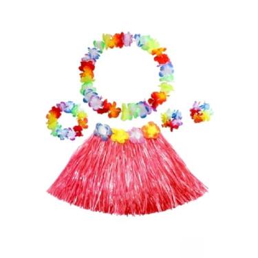 Imagem de Kit Fantasia Saia Havaiana 40 cm Pulseira Tiara Colar Festas Carnaval (Vermelha, 40 cm)