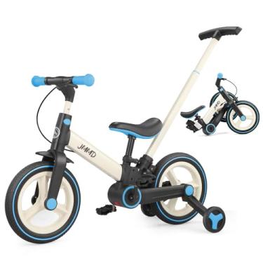 Imagem de JMMD Bicicleta infantil com alça de pressão para crianças de 18 a 60 meses, bicicleta dobrável 6 em 1 com rodas de treinamento, pedais, freios, suporte, presente e brinquedos para meninos e meninas
