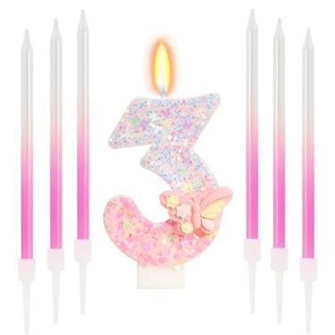 Imagem de ElekFX Vela número 3 de borboleta rosa com bastão de cera, decorações de 3º aniversário para meninas, topo de bolo de borboleta com glitter com lantejoulas para artigos de festa e lembrancinhas