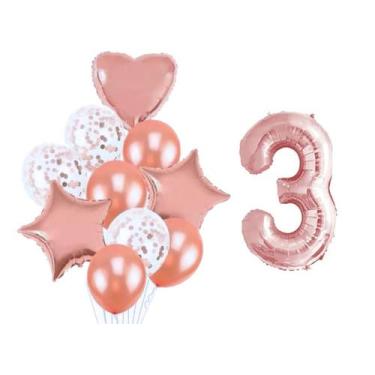 Imagem de Buque 10 Balões  Coração Estrela e 1 Número Metalizado Rose Gold 70cm 