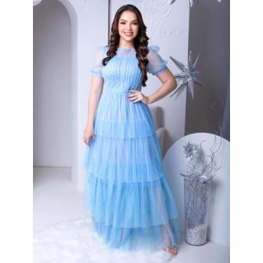 Imagem de Vestido de Festa Longo Rodado Soltinho com Brilho de Tule Transparente