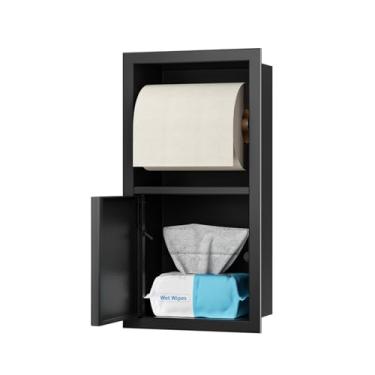 Imagem de Bernkot Suporte de papel higiênico, suporte de armazenamento de tampão oculto, suporte de papel higiênico de parede, nicho de banheiro embutido para banheiro (preto fosco)