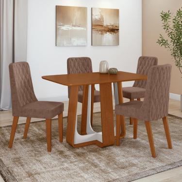 Imagem de Conjunto Sala de Jantar Mesa Easy Pop 120x80cm Tampo MDF com 4 Cadeiras Seat Couro Morano Avelã Frassino/off White