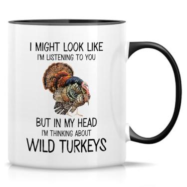 Imagem de Retreez Caneca engraçada de peru selvagem - Caneca I'm Thinking About Wild Turkeys - Caneca de café ou chá de cerâmica de 325 ml - Presente hilário para observadores de pássaros, entusiastas da vida