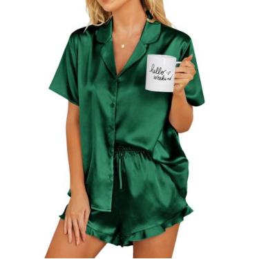 Imagem de Conjunto de pijamas Ekouaer Silk para mulheres com botões verdes S