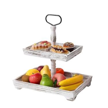 Imagem de Farmhouse Suporte de bandeja de 2 camadas para decoração de casa, bandeja de madeira para servir em camadas para mesa de café, mesa de centro, kit de bandejas decorativas para campo, suporte rústico