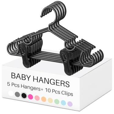 Imagem de Hsei Cabides de berçário com clipes para calças de bebê 10/20/40 cabide de plástico recém-nascido com clipe 20/40/80 para armário, roupas infantis, casacos, saias e meias (preto, pacote com 15)