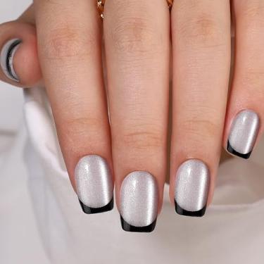 Imagem de Short Press on Nails – RTKHFZE French Tip Press On Nails Square, cola de gel macio curto para mulheres, ajuste natural reutilizável em 16 tamanhos – Kit de 32 unhas postiças, ponta de olho de gato