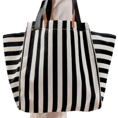 Imagem de Magalis Bolsa Sorali – Listras Pretas | Bolsa de praia listrada elegante, alças duplas, design de lona espaçoso