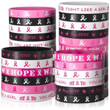 Imagem de ANPUNAT 36 pulseiras de silicone com fita rosa para conscientização do câncer de mama, suporte à fé, esperança, força, pulseira de silicone para mulheres, designs de câncer de mama, eventos, artigos