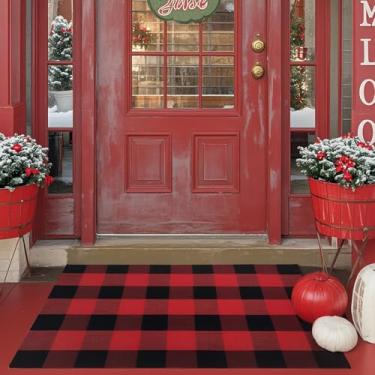 Imagem de WAYYE Tapete xadrez de Búfalo para ambientes externos e internos, 69,8 cm x 109,2 cm, vermelho e preto, capacho lavável, tapetes de porta da frente, varanda, entrada, cozinha
