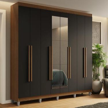 Imagem de Guarda-Roupa Casal com Pés 8 Portas Batentes com Espelho Rustic/Preto/Rustic Saturno Madesa