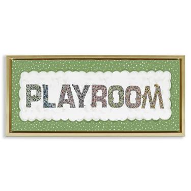 Imagem de Stupell Industries Arte de parede em tela flutuante emoldurada dourada para sala de jogos com borda verde, design de Jennifer Stith, 28 x 63 cm