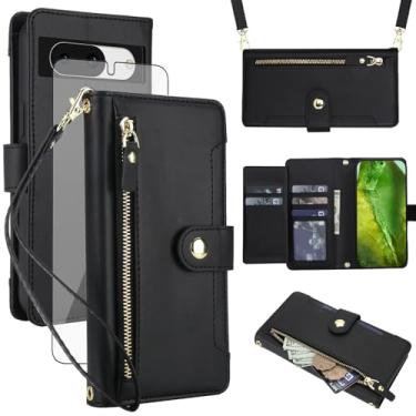 Imagem de Asuwish Capa de celular para Google Pixel 8A carteira com zíper, protetor de tela de vidro temperado e alça de pulso transversal, suporte flip para cartão de crédito Pixel8A A8 5G mulheres meninas