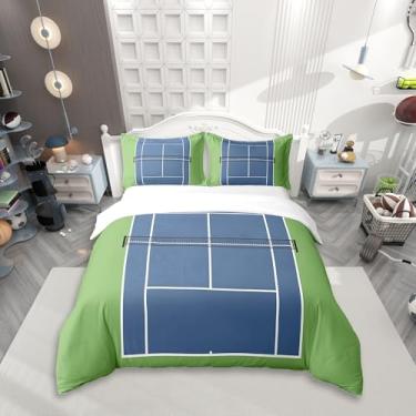 Imagem de Capa de edredom esportiva com 3 peças, 100% algodão natural, Queen, para meninos e homens, com fecho de zíper, quadra de tênis moderna, linhas simples, roupa de cama super macia (não edredom)