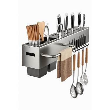 Imagem de Suporte Organizador de Utensílios para Cozinha, Aço Inoxidável Cromado, 6 Ganchos, Cinza, Montagem na Parede, para Facas, Talheres, Espátulas, Tesouras, Tábuas