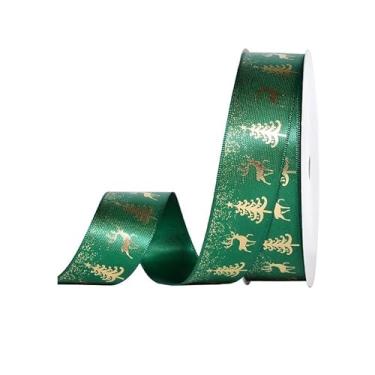 Imagem de YAMA Fita de cetim para árvore de Natal de 2,5 cm e 10 metros, fitas de alce e árvore de Natal com padrão de estampagem dourada para embrulhar presentes e fazer laços de cabelo