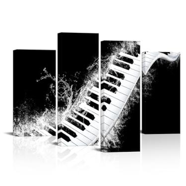 Imagem de Canvbay 4 painéis, tela musical, arte de parede, preto e branco, teclado de piano com respingos de água, imagens impressas, instrumento musical, arte emoldurada para decoração de estúdio, escritório