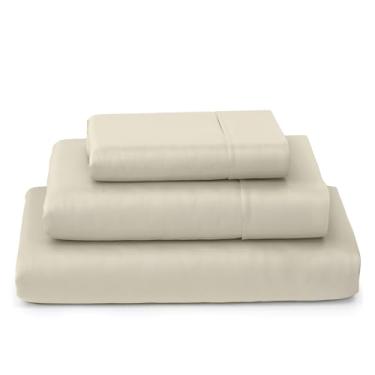 Imagem de SKY BEDDINGS Lençóis de solteiro 100% algodão - 400 fios de cetim trançado, refrigeração, conjunto de lençóis de solteiro de luxo de 3 peças com bolsos profundos de 38 cm - marfim
