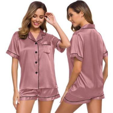 Imagem de Conjunto de pijamas SWOMOG Silk Satin para mulheres, cor rosa enevoada
