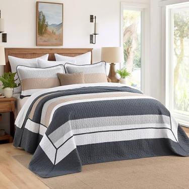 Imagem de CozyStitch Colcha grande California King de 325 x 304 cm – Colcha de cama acolchoada listrada moderna com fronhas | Algodão hipoalergênico ultramacio para decoração de casa estilo hotel | marrom/azul