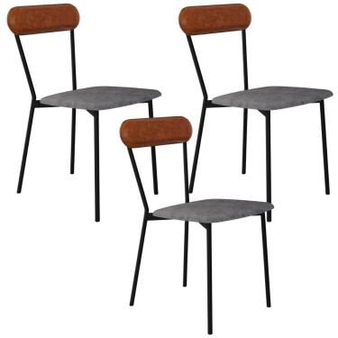 Imagem de Kit 03 Cadeiras Estofada Para Sala de Jantar Liora Preto C01 Linho Prata Courino Caramelo - Lyam Decor