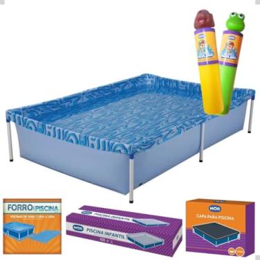 Imagem de Piscina 1500 Litros Quadrada com Capa e Forro + Lan?a Agua Brinquedo Infantil Kit (Verde Amarelo)