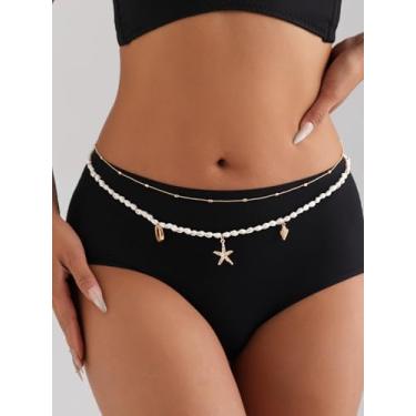 Imagem de Corrente de cintura com contas, corrente de cintura com concha, correntes de barriga com contas douradas, joias brancas de verão, joias de praia para férias havaianas, 87cm-90cm, Plástico, Sem Pedra