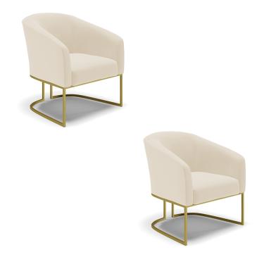 Imagem de Poltrona Decorativa Industrial Dourado kit 2 Stella Linho Bege D03 - D'Rossi