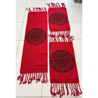 Imagem de Kit Jogo De Passadeira Tapete De Cozinha Grande 3 Peças Estampado Com Nozinho Tecido Grosso Modelo Mandala Vermelho