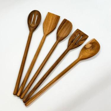 Imagem de Kit 5 Utensílios Colheres de Madeira Teca 36cm Michelon