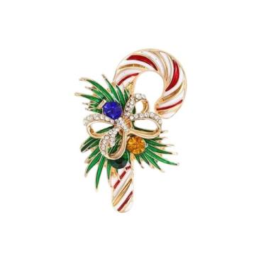Imagem de Broche de lapela esmaltado de bengala doce de Natal nó de laço verde folha de azevinho enfeite de fantasia de natal alfinetes de festa de fim de ano terno crachá acessórios de roupas broches joias da