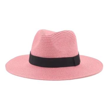 Imagem de Chapéu de palha Panamá de verão masculino e feminino, aba larga, proteção UV, chapéu Fedora Sun Hat pnnrk preto 56-58 cm