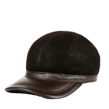 Imagem de Chapéus masculinos de pele de couro de lã de cordeiro, casual, para uso ao ar livre, quente, proteção de orelha, casquete, camionista, casquete, camurça, marrom, 58 60 cm