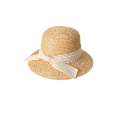 Imagem de Chapéu feminino de verão grama chapéu de sol Fedora laço de aba curta chapéu de palha panamá arco bege M 56-58 cm