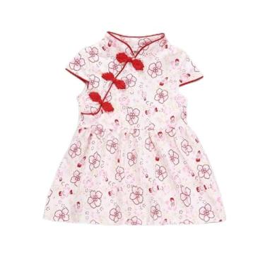 Imagem de GOWENIC Algodão Adorável Estilo Chinês Vestido Infantil de Manga Curta Vestido de Verão para Menina Moda Roupas Diárias Adequado para Fotografia Respirável (80 é adequado para alturas abaixo de 73)