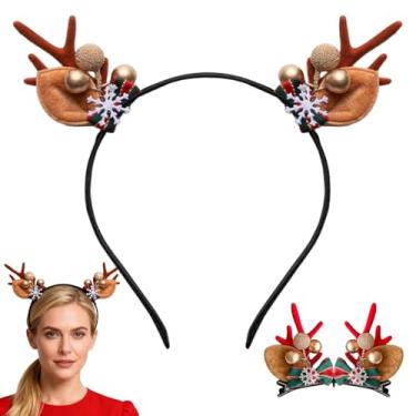Imagem de Tiara de chifres de rena, lindas faixas de orelhas de veado realistas com 1 par de presilhas de cabelo pequenas de orelhas de veado, cosplay de rena para acessórios de fantasia de véspera de Natal
