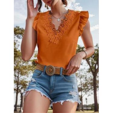 Imagem de Blusa Feminina Branca de Verão - Chiffon, Sem Mangas, com Renda e Slim