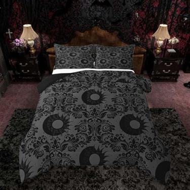 Imagem de Feelyou Conjunto de edredom gótico para adultos, Queen, verde-oliva escuro, damasco, para crianças, meninos, meninas, sol e lua, edredom de microfibra, 3 peças com 2 fronhas