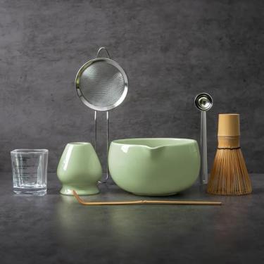 Imagem de Conjunto de batedor Matcha com tigela, kit para fazer matcha batedor de bambu (Chasen), suporte de batedor de cerâmica, peneira para iniciação em pó, utensílios de chá japoneses para presente de