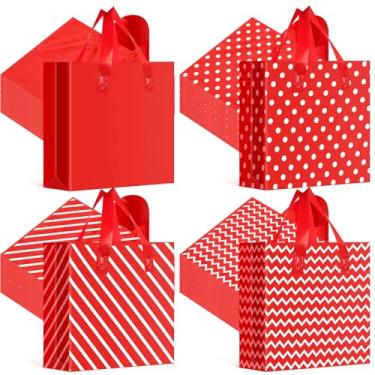 Imagem de Tenceur 100 unidades de sacolas de plástico para presente de Natal com alça vermelha para compras, sacolas de guloseimas com listras de bolinhas, padrões ondulados para presente de festa de Natal
