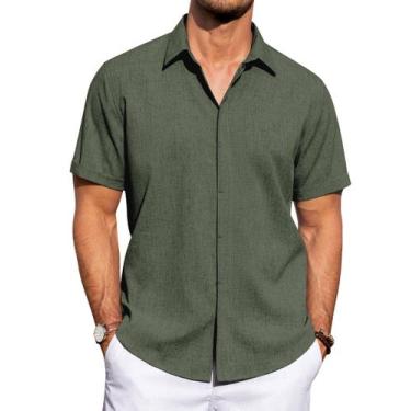 Imagem de Camisa masculina J.VER, de linho, manga curta, algodão, casual, verde 