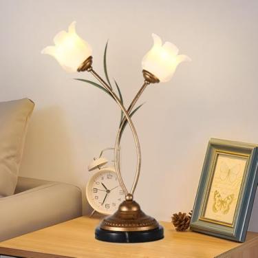 Imagem de Luminária de mesa LED contemporânea em formato de flor, estilo campestre francês, criativa, para sala de estar, quarto, escritório, casa de campo, hotel, luminária de cabeceira (F 2 lâmpadas