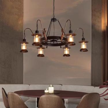 Imagem de Lustre retrô americano com LED, estilo industrial, criativo, para sala de estar, restaurante, quarto, casa de campo, loft, loja de roupas, lan house, bar, luminária pendente (6 lâmpadas)