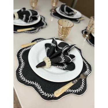 Imagem de Conjunto de 12 jogos americanos estilo americano Jogos americanos para uma mesa de jantar para 6 pessoas Arranjo de mesa Guardanapos redondos Mesa de jantar(PBB - Preto)