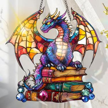 Imagem de Apanhador solar de acrílico colorido, decoração de janela suspensa de dragão com design de vitral impresso, apanhador de sol, arte de parede de arco-íris, ornamentos de Natal para uso interno e