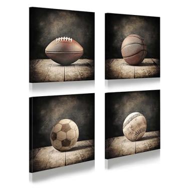 Imagem de Dream Land Conjunto de arte de parede em tela de bolas esportivas vintage - decoração rústica de futebol, basquete, futebol e beisebol para quarto, sala de estar, berçário infantil, sala de jogos